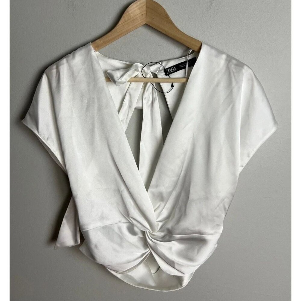 Zara White Knotted Satin Top Crop Polyester Open Back Size Large Women’s